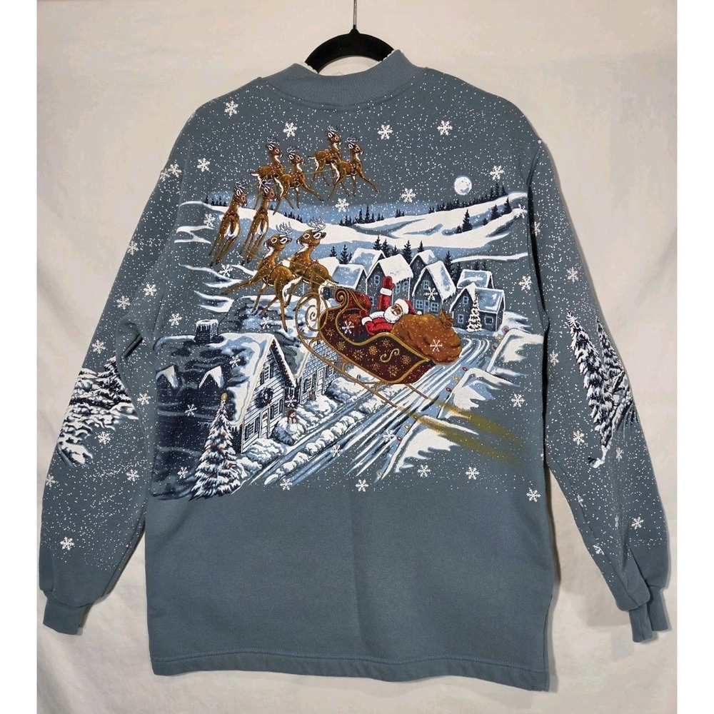 Art Unlimited Cardigan Jacket Large Button Santas Sleigh Christmas Santa Vintage - Picture 6 of 9
